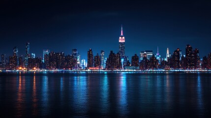 Fototapeta premium Nighttime city skyline with illuminated skyscrapers reflecting on water surface, urban landscape in vibrant colors