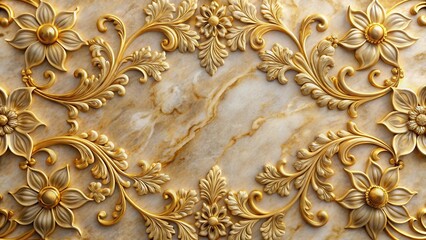 Polished marble surface adorned with intricate embossed floral patterns in a warm golden tone