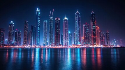 Fototapeta premium Stunning Night Skyline of Modern City with Bright Neon Lights Reflected on Water Surface