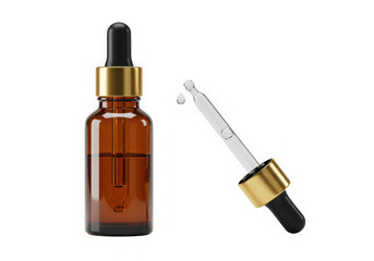Obraz premium Amber bottle with dropper and essential oil isolated on white background