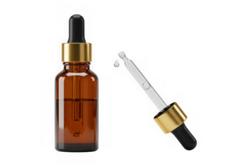 Amber bottle with dropper and essential oil isolated on white background