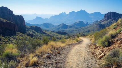 Scenic Mountain Trail with Lush Greenery and Majestic Peaks Under Clear Blue Sky