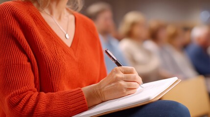 Woman In Orange Sweater Taking Notes In A Conference Setting With Engaged Audience In Background
