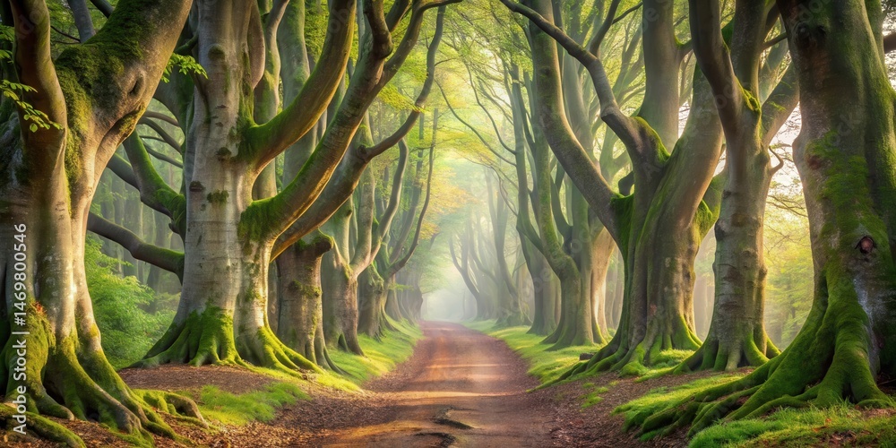Aufkleber Serene Pathway Through a Mystical Canopy of Ancient Trees with Lush Greenery and Sunlight Dappling the Ground