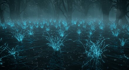 Eerie bioluminescent flora in a dark fantasy forest with mystical fog
