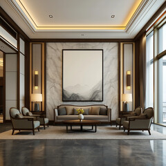 Fototapeta premium modern living room with fireplace，Neo-Chinese Living Room, Beige Marble Wall with Blank Bamboo Weave Frames in Traditional Calligraphy Grid Layout, Silk Curtains, Ming-Style Furniture, For High-End Re
