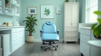 Serene medical exam room setup with pastel tones, a blue chair, storage cabinets, and plant bringing life to the space