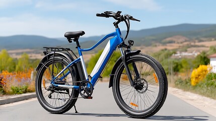 Fototapeta premium Electric Bicycle Ebike Blue and White Outdoor Nature Mountain View Fat Tire Cycling Eco Friendly