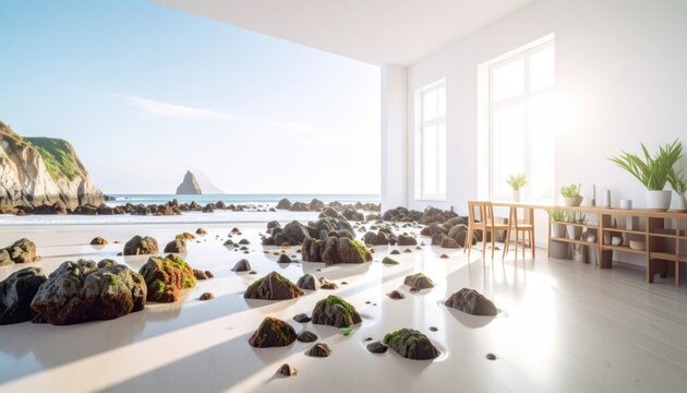 Fototapeta Beach House Interior with Ocean View and Rocks