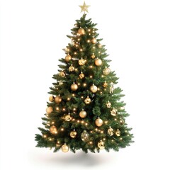 Elegant Christmas tree with shimmering ornaments and glowing lights, isolated on a bright white backdrop. Even lighting, full-frontal angle, cozy holiday theme. 