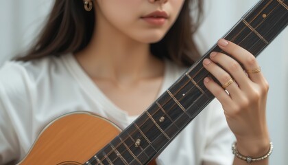 Melody in Focus – Close-Up of a Girl Playing Acoustic Guitar