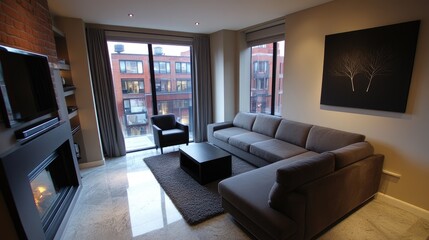 Fototapeta premium Modern living room with city views and fireplace.