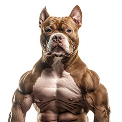 Muscular Dog Portrait: A powerful and imposing dog with a sculpted physique, exuding strength and confidence, stares directly at the viewer with an intense gaze.