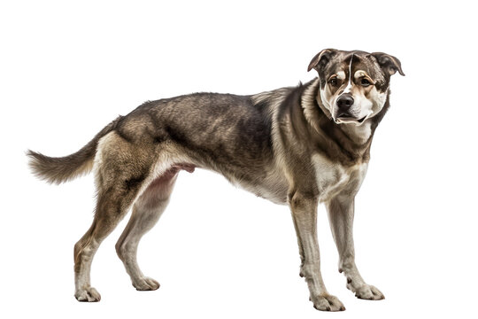 Majestic Mixed Breed Dog: A striking mixed-breed dog, displaying a blend of muscular build and alert posture, stands majestically against a plain backdrop.