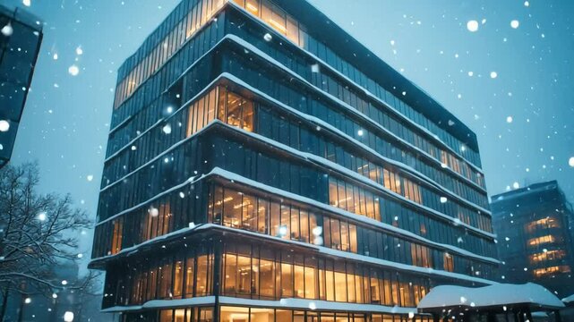 A large glass building with a lot of windows and a snowy background. The building is lit up, giving it a warm and inviting appearance