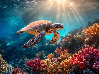 Obraz premium Sea turtle swimming over colorful coral reef