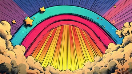 Vibrant Rainbow Arching Through Colorful Clouds and Stars in a Whimsical Cartoon Style Artwork