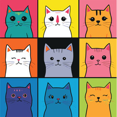 Whimsical Colorful Cats Grid Bright Pop Art Style Illustration