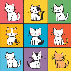 Cute Cats Cartoon Vector Illustration In Colorful Squares Set