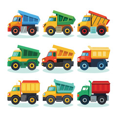 Nine  classic Dump Truck arranged on a white background.