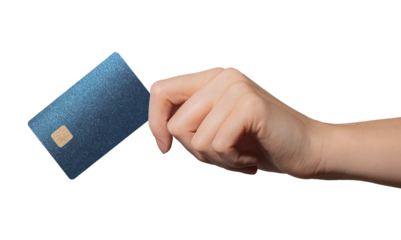 Hand holding a glossy, pearlescent bank card, representing a cashless payment for online shopping