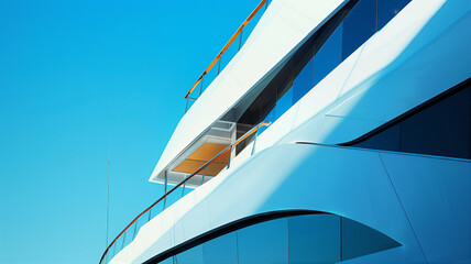 Fototapeta premium Beautiful ship, luxury yacht passenger ship. Yacht silhouette front and side view. Polynesia yacht cruise ship front. Stern cruise ship windows in the sea. Racing, big boat, oligarch white ship