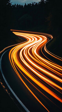 Captivating view of a winding road at night, with streaks of orange light in the dark.