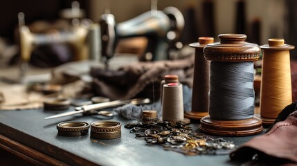 Sewing tools and materials on a workshop table.