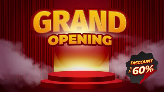 Grand Opening Video 60% Discount Celebration with Bold Gold Letters and Curtain Stage Background Promotion Marketing Video