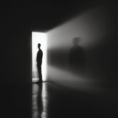 Obraz premium Silhouette in dim light, exploring inner thoughts.