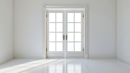 Fototapeta premium French-style door with glass panels centered on a pristine white background bright natural studio lighting soft focus. 