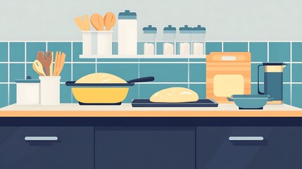 Kitchen countertop with baking bread.