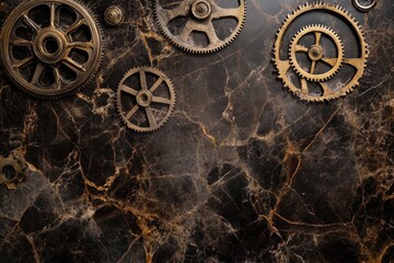Antique gears on dark marble surface