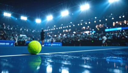 Close Up Of Tennis Ball On Wet Blue Court At Night