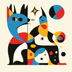 Abstract Composition With Cat Woman Bird And Geometric Shapes Artwork Design