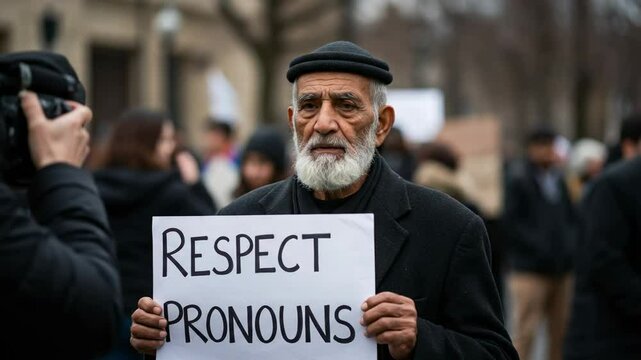 An Elderly Man Holding a Sign at a Protest, Advocating for Respecting Pronouns in a Diverse and Inclusive Environment