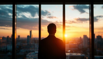 Fototapeta premium Man contemplating cityscape sunset