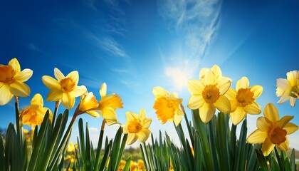 Obraz premium daffodil spring flowers in front of blue sky ki generiert generiert ai generated