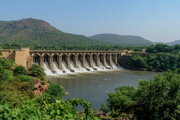 A large dam with water cascading over the edge, showcasing powerful hydraulic force and the engineering of water management infrastructure.