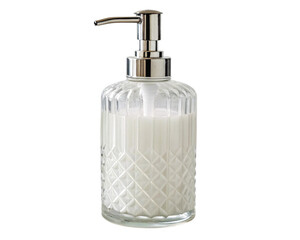 Elegant Glass Soap Dispenser with Pump Filled with White Liquid isolated on transparent background 

