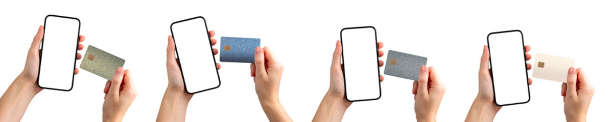 Hand holding a smartphone displaying a bank app with a credit card, ready for payment or online