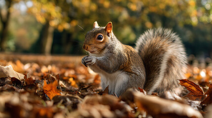 Fototapeta premium A cute squirrel sitting among fallen leaves 