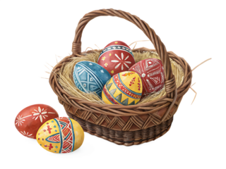 red, yellow and blue hand-painted easter eggs in brown easter basket isolated on white background, PNG