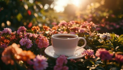 Fototapeta premium Coffee cup amidst flowers at sunset