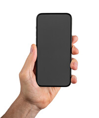 Hand holding a smartphone with a blank screen, ready for social media apps and digital communication