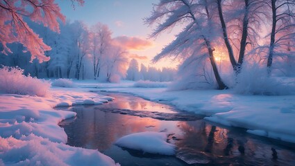 Winter River Flowing Through Snowy Landscape Reflecting Pink Sunset Sky