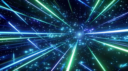 Fototapeta premium Light blue and green neon lines intersect and flow across a dark background, with sparkling particles of data suspended in the air, exuding energy and innovation 