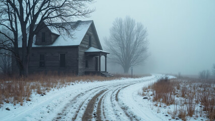 Obraz premium Weathered House in Winter Fog