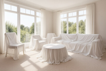 Fototapeta premium Sunlit Coastal Living Room with Furniture Covered for Off-Season
