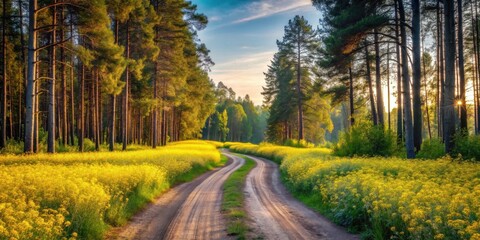 Obraz premium Serene Sunset Vista A Winding Country Road Through a Lush Yellow Wildflower Meadow, Flanked by Tall, Majestic Pine Trees Casting Long Shadows at Golden Hour